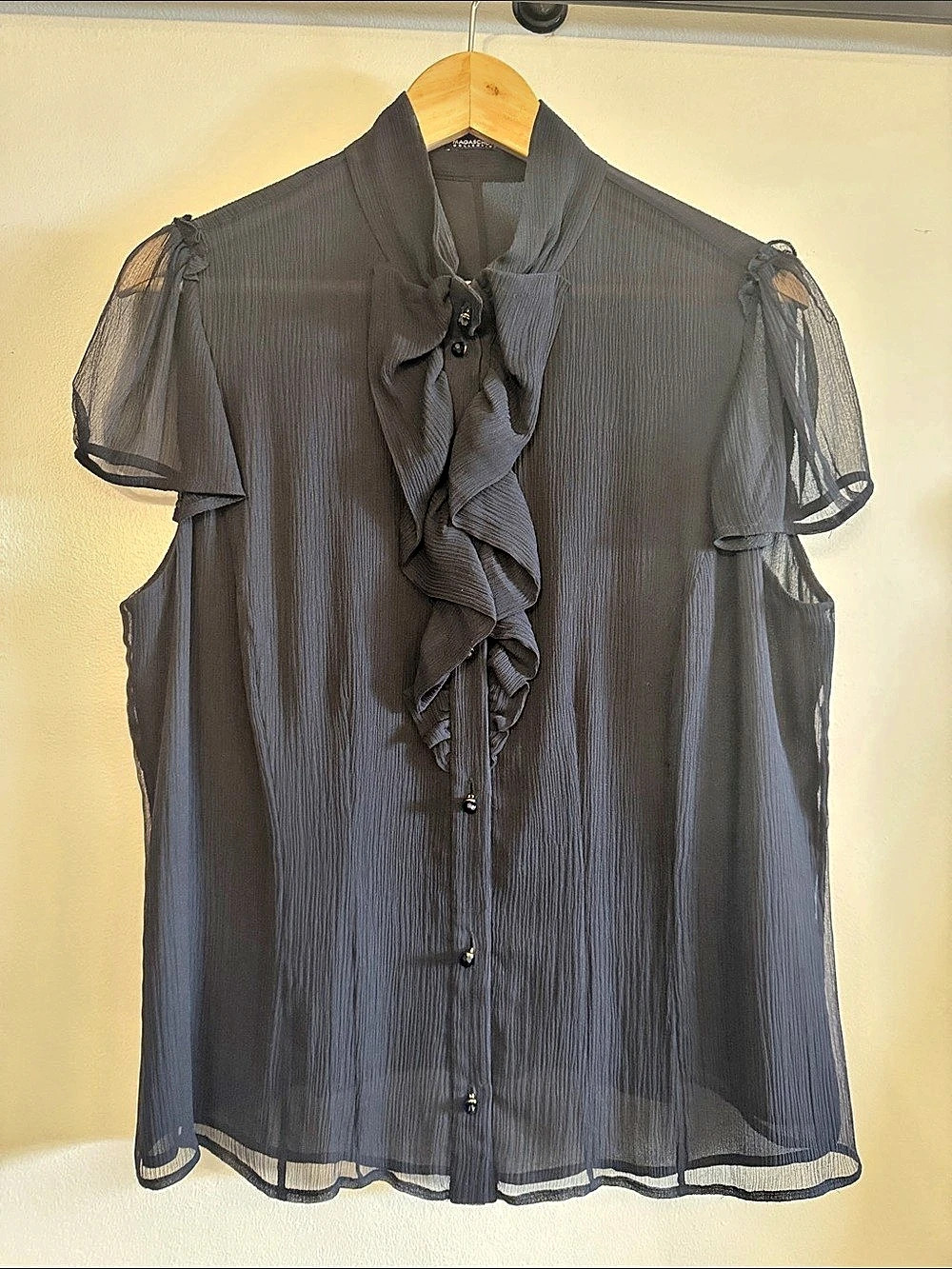Magaschoni Collection Ruffle Front Sheer Sleeve Blouse Black Like New